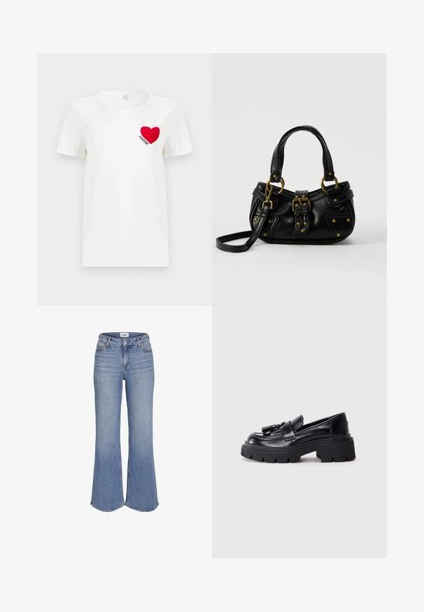 Camiseta blanca de manga corta con un corazón rojo y la palabra "AMOUR" impresa en el área del pecho izquierdo.; Vaqueros de denim azul claro de cintura alta con piernas acampanadas y cierre de botones en la parte delantera.; Mocasines de cuero negro con una suela gruesa y dentada, que presentan un borlas decorativa en la parte frontal y una textura suave y brillante.; Bolso de cuero negro con hebilla y detalles de remaches dorados, asas cortas y una correa de hombro ajustable sobre un fondo blanco liso.