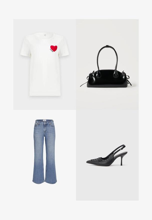 Witte T-shirt met korte mouwen met een rode hart en het woord "AMOUR" gedrukt op de linkerkant van de borst.; Lichtblauwe spijkerbroek met hoge taille, uitlopende pijpen en knoopsluiting aan de voorkant.; Zwarte leren slingback stiletto met spitse neus, zijgesp met gesp, studs langs de rand en decoratieve veters aan de voorkant.; Kleine zwarte glanzende handtas met twee lange hengsels en zijkant trekkoord details op een effen lichte achtergrond.