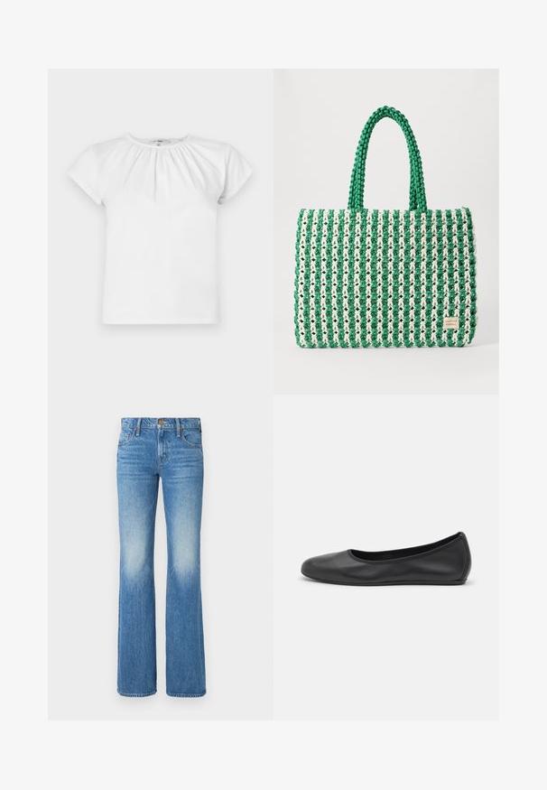 FRAME THE GATHERED TEE - T-shirt basic - white; Lichtblauwe flared jeans van denim, met een vervaagd ontwerp, vijf zakken en een knoop- en ritssluiting aan de voorkant.; Zwarte leren ballerina met een ronde neus, gladde textuur, minimale stikdetails en een flexibele zoolontwerp.; Groene en witte geweven tote bag met een gestructureerde rechthoekige vorm, textuur afwerking en twee stevige handvatten. Heeft een logo label aan de zijkant.