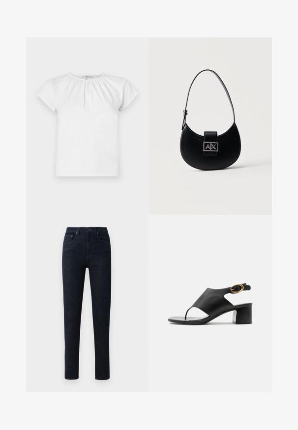 FRAME THE GATHERED TEE - T-shirt basic - white; Donkerblauwe denimjeans met een rechte pijp, voorzien van een knoopsluiting, vijf zakken en subtiele stikdetails.; Zwarte leren dames slingback sandaal met open teen, gouden ovale gesp en blokhak op witte achtergrond.; Zwart handtas in de vorm van een halve maan met een enkele verstelbare band en een zilveren A|X-logo sluiting op de voorsflap.