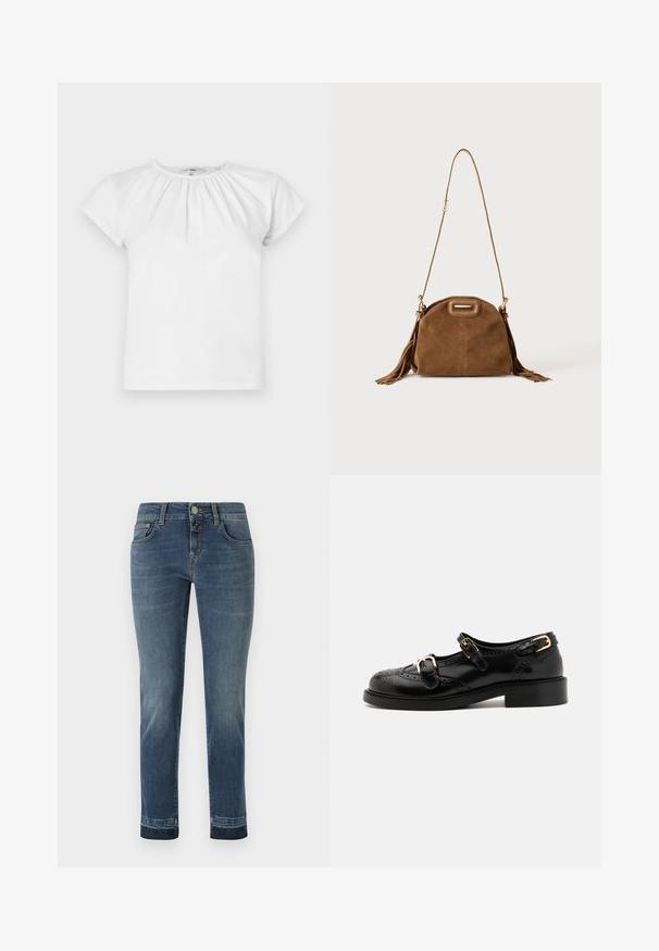 FRAME THE GATHERED TEE - Lihtne T-särk - white; Tumedat siniste denimid, sirge lõikega, klassikalise nööbi sulgemisega ja viie taskuga. Kerge kulumine reitel.; Mustal nahast kingad brogue-tekstiiliga, millel on kaks pandla rihma, ümar varvas ja madal konts. Sujuv tekstuur ja läikiv viimistlus.; Pruun seemisnahast õlakott pika rihma, ristkülikukujulise sangalõike ja külgedel narmastega, valgel taustal.
