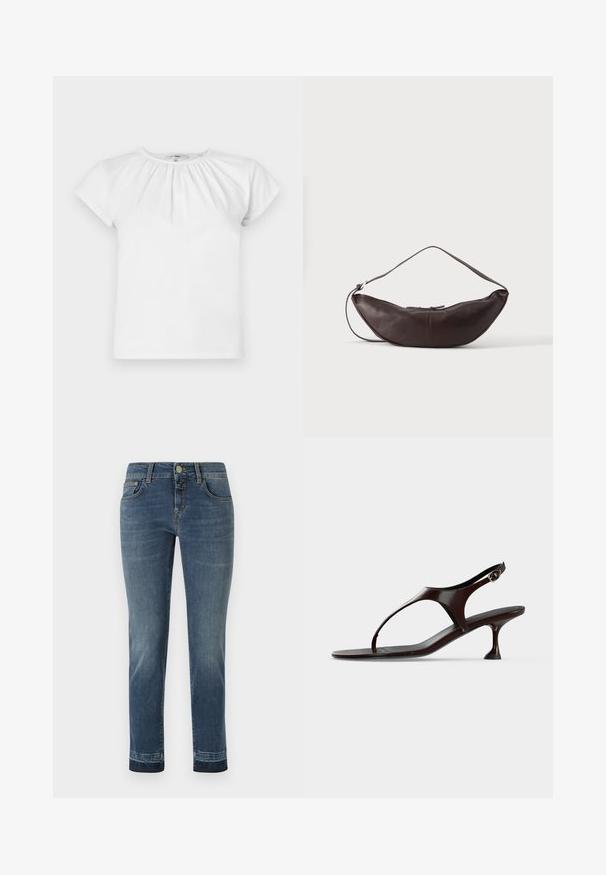 FRAME THE GATHERED TEE - T-shirt basique - white; Jean en denim bleu foncé avec une coupe droite, doté d'une fermeture à bouton classique et de cinq poches. Légère décoloration sur les cuisses.; Sandale slingback en cuir verni marron foncé avec petit talon et bride entre les orteils sur fond blanc.; Sac d'épaule en cuir marron foncé en forme de croissant avec une lanière courbée et des coutures visibles sur fond uni.