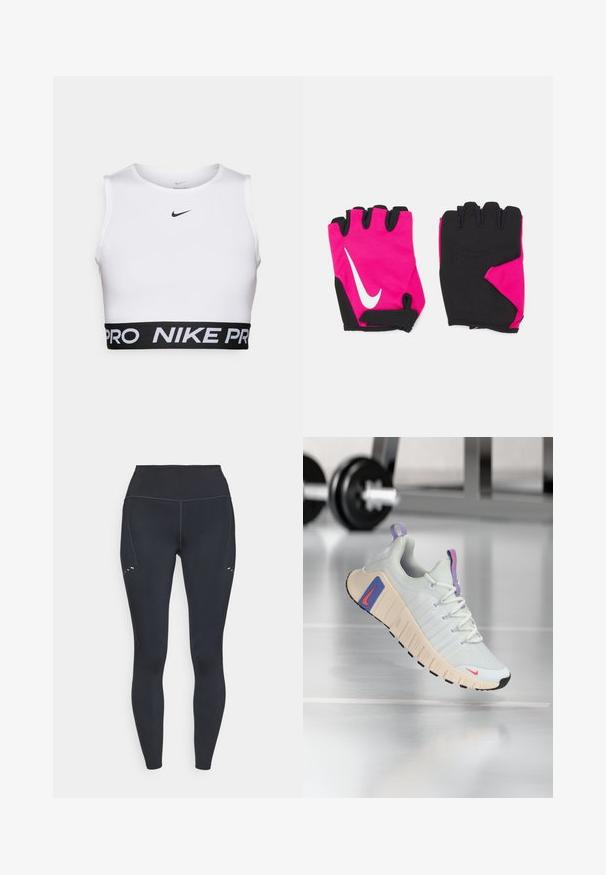 Crop top de sport blanc avec un col rond, sans manches et une ceinture élastique noire avec le texte "NIKE PRO".; Leggings noirs avec une taille haute, fabriquées dans un matériau extensible, présentant des détails de couture subtils et de petites découpes sur la cuisse supérieure.; Baskets avec une tige en maille gris clair, un col rembourré et une semelle crème texturée. Présentent des accents rose et bleu ainsi qu'une semelle en caoutchouc noir.; Gants courts roses avec des accents noirs, arborant un logo Nike blanc, des paumes rembourrées et un design sans doigts pour une meilleure adhérence et flexibilité.