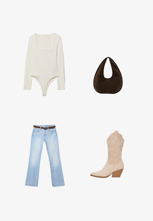 Langærmet bodysuit i lys creme med firkantet halsudskæring, glat tekstur og trykknaplukninger i skridtet for nem påklædning.; Lyseblå jeans med lige ben, falmet vask og brun læderbælte gennem bæltestropper, lagt fladt på en hvid baggrund.; Beige svinemærkestøvle med spids tå, broderede detaljer på skaftet og en stablet træhæle.; Mørkebrun ruskind skuldertaske formet som en halvmåne med en bred rem og glat tekstur på en hvid baggrund.
