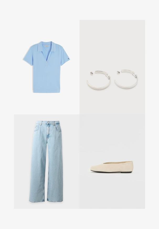 Polo bleu clair à manches courtes avec bordure blanche sur le col et patte de boutonnage à trois boutons, posé à plat sur fond blanc.; Jean large en denim bleu clair avec bouton et fermeture éclair à l'avant, poches avant et passants de ceinture.; Ballerine en daim beige avec un bout arrondi, semelle plate et design minimaliste. Texture lisse et sans matériel ou ornements visibles.; Boucles d'oreilles demi-cercles ton argent avec texture striée et fermoirs à pression sur fond blanc.