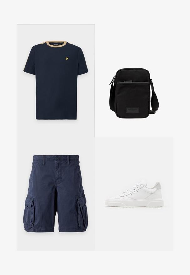 T-shirt bleu marine en coton avec un col rond et des manches courtes. Doté d'une bordure beige et d'un petit logo brodé en or.; Shorts cargo bleu marine en coton. Ils disposent de plusieurs poches latérales, d'une fermeture à bouton et d'une coupe décontractée. Texture lisse et design durable.; Des baskets en cuir blanc avec une finition lisse, un bout rond, des lacets plats et une semelle texturée. Accents en daim gris au niveau du talon.; Sac bandoulière en tissu noir avec un compartiment principal zippé, des accents en cuir, une poche avant et une sangle réglable. Logo Marc O'Polo visible.