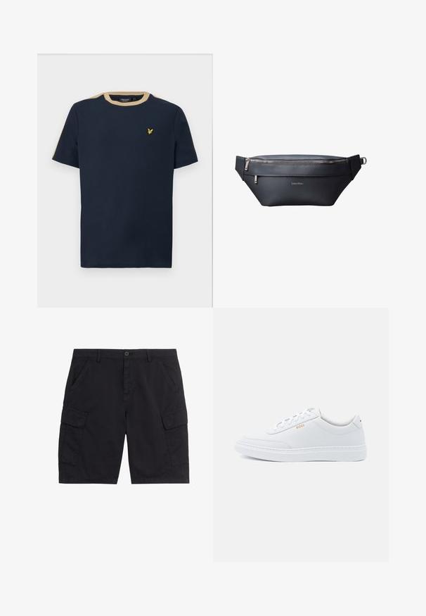 T-shirt bleu marine en coton avec un col rond et des manches courtes. Doté d'une bordure beige et d'un petit logo brodé en or.; Shorts cargo noirs avec bouton et fermeture éclair à l'avant, deux poches latérales, deux poches cargo à rabat et passants pour ceinture.; Baskets blanches en cuir avec une texture lisse, bout rond et coutures tonales. Possède des lacets bleus et un logo doré sur le côté.; Sac banane Calvin Klein en cuir noir avec deux compartiments zippés et une sangle réglable avec boucle métallique.