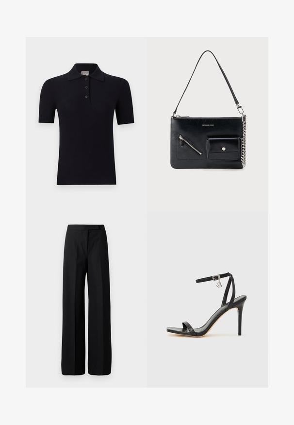 Polo noir à manches courtes avec une patte de boutonnage trois boutons et un col, présenté sur un fond clair uni.; Pantalons noirs à jambe large avec une texture lisse et mate. Ceinture plate sans matériel ni motifs visibles. Design simple et élégant.; Sandale à talon haut noire avec une bride étroite à la cheville, bout carré, cuir lisse et accent de boucle métallique.; Sac à bandoulière en cuir noir Michael Kors avec fermeture éclair supérieure, poche avant zippée en diagonale, poche à rabat avec bouton-pression et détail en chaîne argentée.