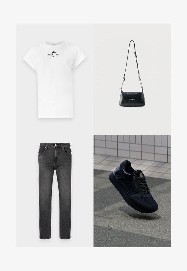 T-shirt blanc à manches courtes en coton, avec un logo imprimé noir "REPLAY NOT ORDINARY" à l'avant, un col rond et une coupe décontractée.; Jean en denim noir à coupe droite, cinq poches et fermeture à boutons sur le devant. Texture douce avec un léger effet délavé et des coutures contrastées.; Baskets noires avec une tige en mesh, des accents brillants, des éléments en or, une semelle texturée et un col rembourré pour le confort.; Sac bandoulière en cuir noir avec sangle ajustable, petits clous argentés et logo "REPLAY" sur le devant.
