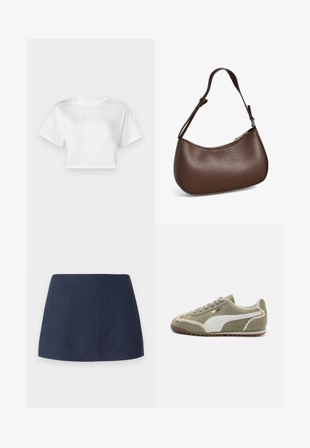 Camiseta corta blanca de algodón. Mangas cortas, escote redondo, textura suave, diseño casual sin patrones ni adornos.; Falda corta en línea A de color azul oscuro, hecha de una tela texturizada y ligera, con una cintura suave y sin patrones ni adornos.; Zapatillas de ante verde con acentos de cuero blanco, costuras texturizadas, parte frontal con cordones y suela de goma. Presenta detalles de diseño únicos a lo largo de los lados.; Pequeño bolso bandolera de cuero marrón con correa ajustable y cierre de cremallera, mostrado sobre un fondo blanco. Sin logotipos ni adornos visibles.