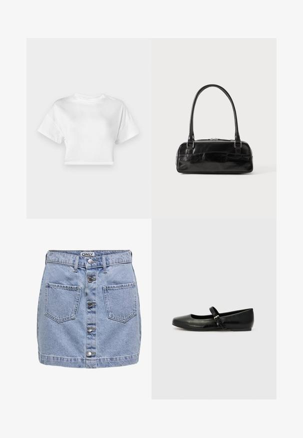T-shirt blanc court en coton. Manches courtes, col rond, texture lisse, design décontracté sans motifs ni embellissements.; Mini-jupe en denim bleu clair, avec cinq boutons sur le devant, deux poches plaquées et une texture légèrement déchirée. L'étiquette indique "ONLY."; Ballerines en cuir noir avec un bout arrondi, une semelle plate et une fine sangle ajustable sur le cou-de-pied avec une boucle en métal.; Sac à main en cuir noir de forme rectangulaire, doté d'une seule ansse structurée, de quincaillerie argentée et d'une fermeture éclair. Texture lisse.