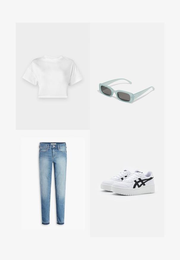 Hvid cropped t-shirt lavet af bomuld. Korte ærmer, rund halsudskæring, glat tekstur, afslappet design uden mønstre eller pynt.; Lyseblå denim jeans med slim fit, fem-lommes design, kontrastsyet og let slidte kanter ved anklerne.; Hvide sneakers med en struktureret overflade, sorte sidestrek og en tyk hvid sål. Har snørebåndsdesign og logo på tungen.; Et par rektangulære solbriller med lyseblå gennemsigtige stel og mørkegrå linser, der har lige templer og minimale hardware detaljer.