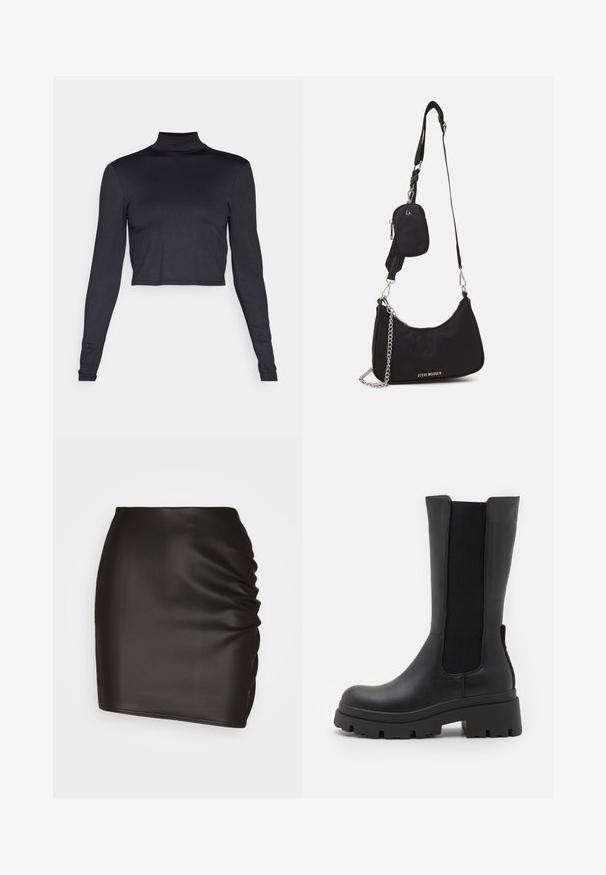 ONLY ONLEA OPEN BACK - Langarmshirt - black; Schwarzer Minirock aus glattem Synthetikmaterial, mit gerafften Details auf einer Seite und einer figurbetonten Silhouette.; ONLY SHOES ONLDOJA - Plateaustiefel - black; Schwarze Nylon-Umhängetasche mit geschwungener Form, silbernem Kettenakzent, abnehmbarem Mini-Pouch und verstellbarem Trageriemen; mit "Steve Madden"-Logo.