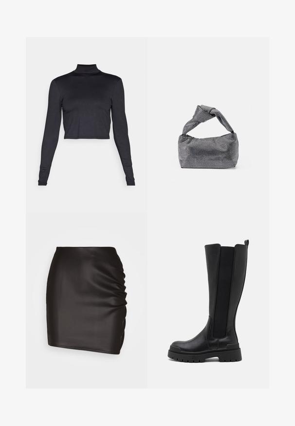ONLY ONLEA OPEN BACK - Langærmet T-shirt - black; Sort mini skirt lavet af glat syntetisk materiale, med rynket detaljer på den ene side og en tætsiddende silhuet.; Even&Odd Plateaustøvler - black; Sorte og sølv håndtaske med en tekstureret overflade, der har et diamantmønster, en knyttet håndtag og en struktureret form.