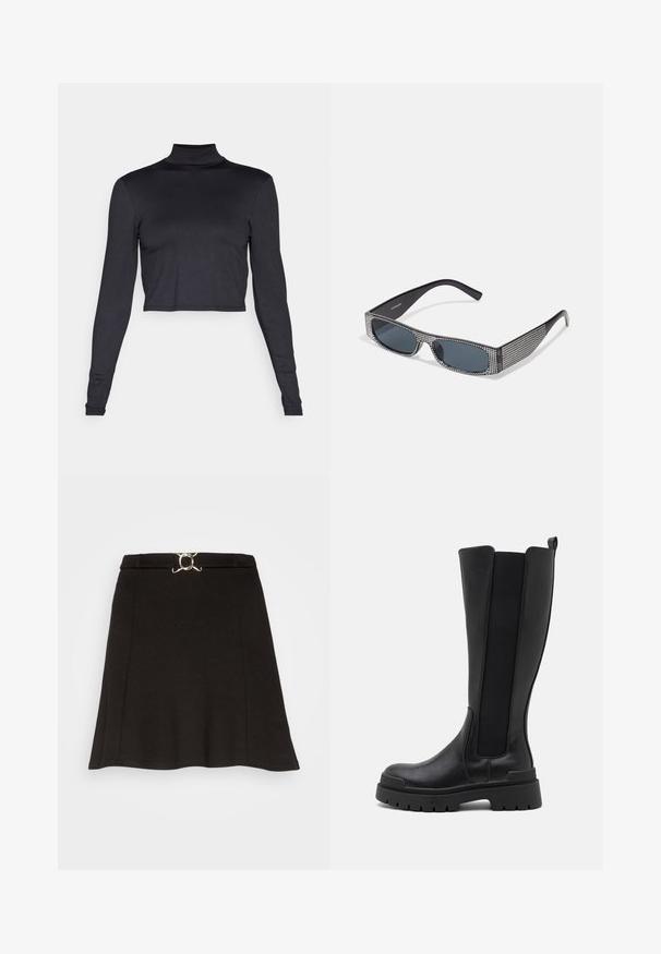 ONLY ONLEA OPEN BACK - Langærmet T-shirt - black; Even&Odd Mini skirts - black; Even&Odd Plateaustøvler - black; Sorte solbriller med grå linser, der har et gittermønster af små metalliske rhinsten langs stellet. Glat overflade, kantede design.