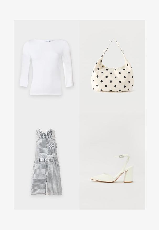 Wit langemouwtop met een vierkante halslijn, gemaakt van een soepele katoenmix, met aansluitende mouwen en een licht gebogen zoom.; Gestreepte denim jumpsuit met een vierkante zak, verstelbare straps en een wijde halslijn. Heeft een relaxte pasvorm met een shorts-lengte.; Witte hakken sandaal met een puntige neus, verstelbaar enkelbandje en een stevige vierkante hak. Gladde textuur met minimale stiksels.; Crèmekleurige stoffen handtas met zwarte polkadots en een enkele schouderriem, getoond tegen een effen witte achtergrond.