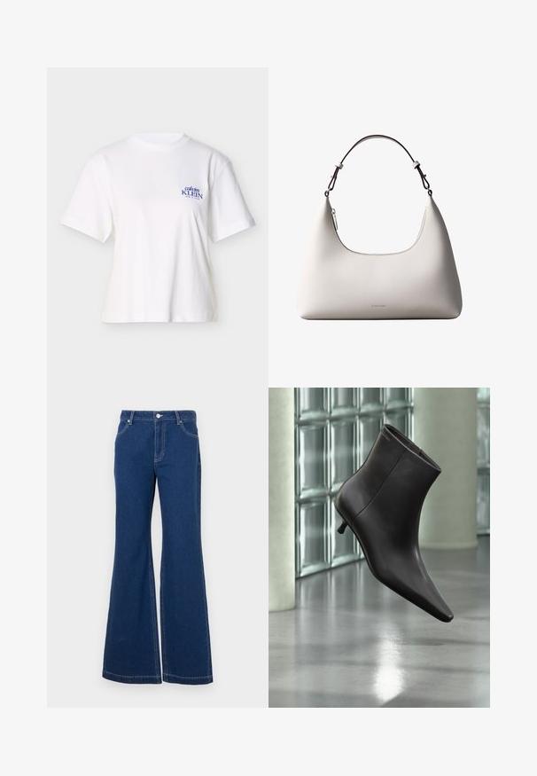 Camiseta blanca de algodón con mangas cortas, con un logo bordado en azul que dice "Calvin Klein New York" en el área del pecho izquierdo.; Jeans acampanados de un azul oscuro, fabricados en denim. Incluyen bucles para cinturón, bolsillos frontales y costuras en contraste. Apertura de pierna amplia.; Bota de cuero negro para el tobillo con puntera puntiaguda y tacón pequeño, exhibida frente a una pared de bloques de vidrio y un suelo pulido.; Bolso de hombro de cuero color crema de Calvin Klein con borde superior curvado, cremallera plateada y correa ajustable marrón oscuro.