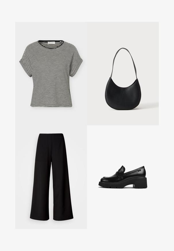 T-shirt à manches courtes à rayures horizontales noires et blanches, col rond et coupe décontractée.; Pantalons larges noirs avec une texture lisse, présentant deux poches arrière et une taille haute, offrant une silhouette décontractée.; Mocassin noir en cuir avec un talon épais, une semelle épaisse et un détail en sangle sur le dessus, présenté de côté sur un fond blanc.; Sac à épaule en cuir noir en forme de croissant avec une bandoulière unique et un nom de marque discrètement embossé sur un fond clair uni.