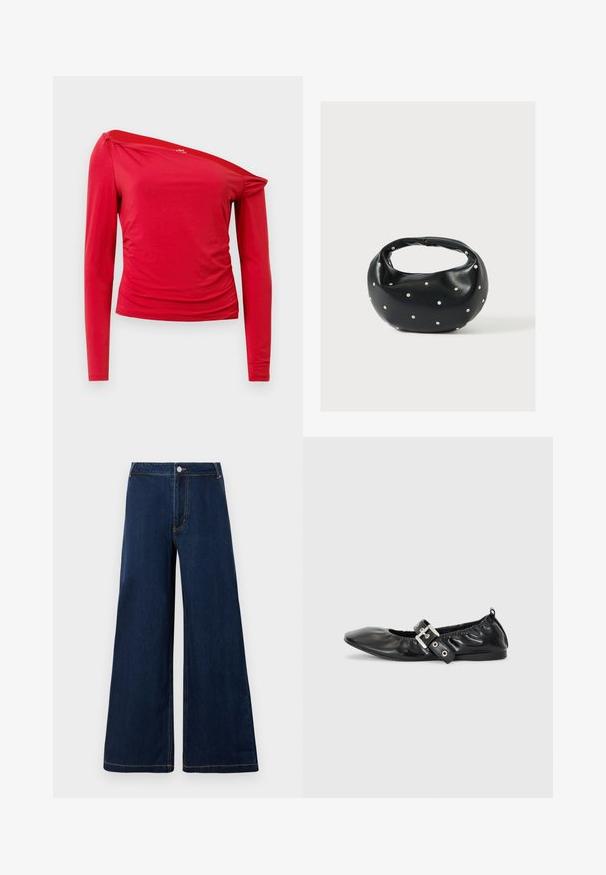 Rode longsleeve top met asymmetrische halslijn, gerimpelde zijdetails en zachte, lichte stof. Gladde textuur met minimale naden.; Wijduitlopende denim jeans in donkerblauw met gouden stiksels, voorzien van een voorknop- en ritssluiting en een klassiek vijf-pocket ontwerp.; Zwarte leren platte schoen met een spitse neus, geplooide details rond de opening en een zilveren gespaccentueerde verstelbare band.; Zwarte leren handtas met een afgeronde vorm, versierd met zilveren studs, en een korte handgreep. Gladde textuur en ritsluiting.