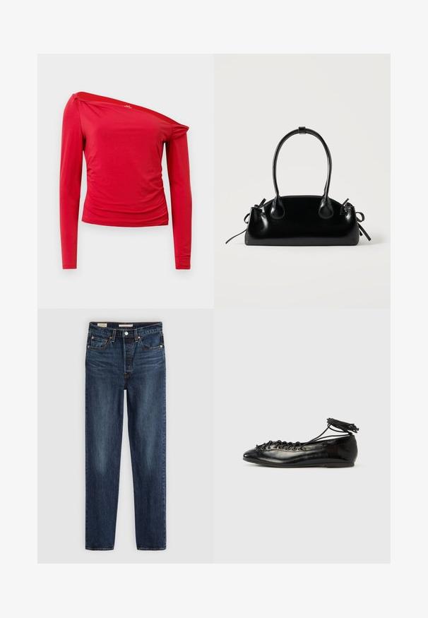 Rode longsleeve top met asymmetrische halslijn, gerimpelde zijdetails en zachte, lichte stof. Gladde textuur met minimale naden.; Diepblauwe rechte jeans met vijf zakken, knoop- en ritssluiting, en contrasterende stiksels.; Zwarte ballerina's van lakleer met een afgeronde neus, veterdesign en een platte zool. Glad oppervlak met minimale details.; Kleine zwarte glanzende handtas met twee lange hengsels en zijkant trekkoord details op een effen lichte achtergrond.