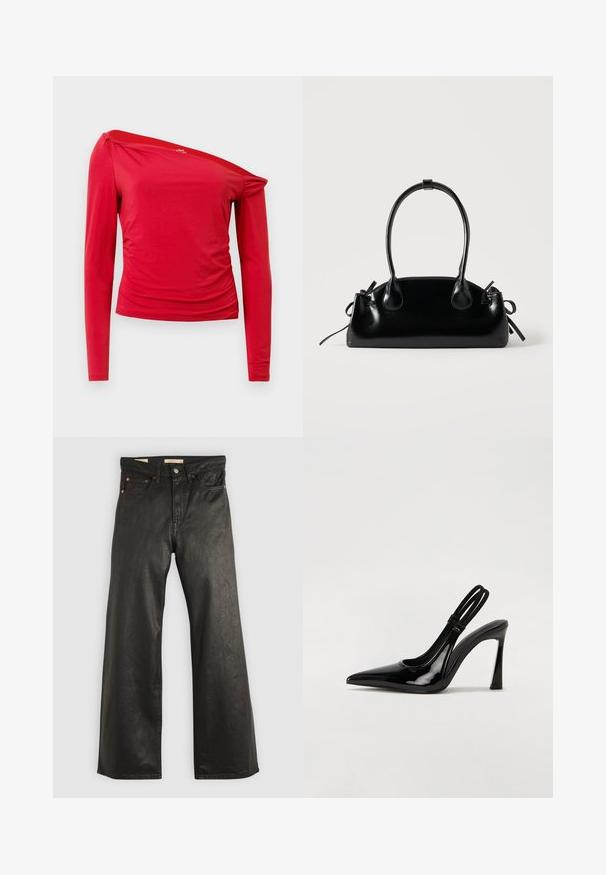 Top largo de manga larga rojo con neckline asimétrico, detalles fruncidos en el lateral y tejido suave y ligero. Textura suave con costuras mínimas.; Pantalones de mezclilla anchos negros con una textura suave, que presentan cinco bolsillos y detalles en metal color cobre. Cierre clásico con botón.; Zapato de tacón con tirante en negro de charol, punta afilada, tacón alto y delgado, y doble tira elástica para un ajuste seguro. Superficie suave y brillante.; Pequeño bolso negro brillante con dos asas largas y detalles de cordón lateral sobre un fondo claro liso.