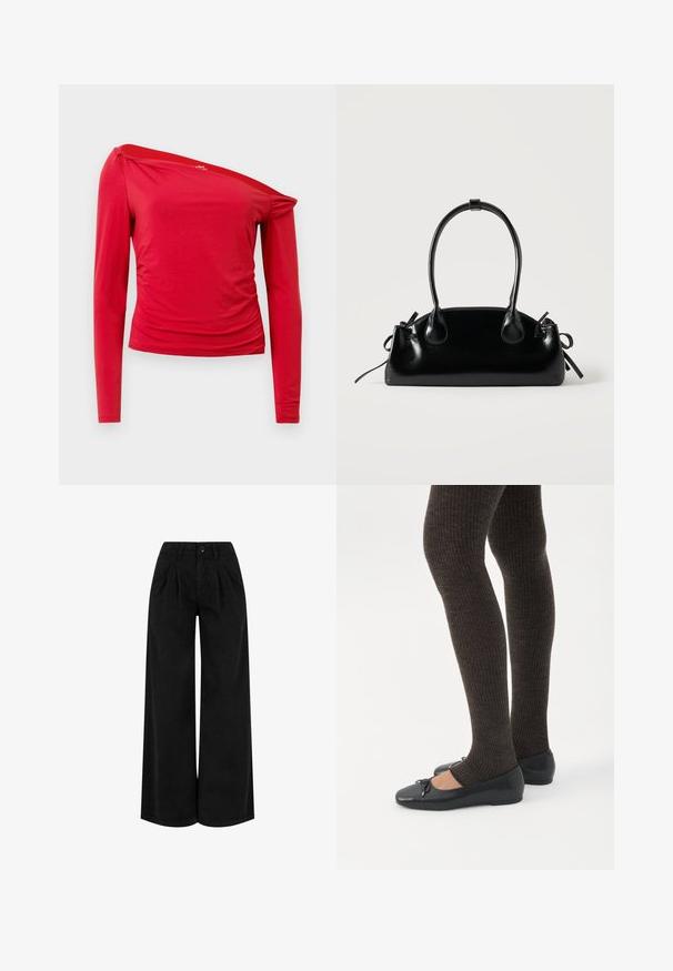 Haut à manches longues rouge avec un décolleté asymétrique, des détails froncés sur le côté et un tissu doux et léger. Texture lisse avec des coutures minimales.; Pantalon noir taille haute à jambes larges avec plis devant, fermeture à boutons et passants pour ceinture, présenté sur fond blanc.; Jambes portant des leggings côtelés foncés associés à des ballerines noires avec de petits détails en nœud sur fond blanc.; Petit sac à main noir brillant avec deux longues anses et des détails à cordon sur les côtés sur un fond clair uni.