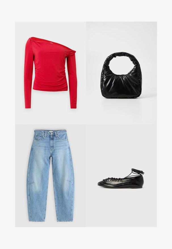 Rode longsleeve top met asymmetrische halslijn, gerimpelde zijdetails en zachte, lichte stof. Gladde textuur met minimale naden.; Lichtblauwe denim jeans met een relaxte pasvorm, met een hoge taille, rechte pijpen en subtiele stiksels op de voorzakken.; Zwarte ballerina's van lakleer met een afgeronde neus, veterdesign en een platte zool. Glad oppervlak met minimale details.; Zwarte gevoerde handtas met een ronde handgreep, met een gladde, glanzende oppervlakte en een zachte, gewatteerde textuur. Geen zichtbare metalen onderdelen of accenten.