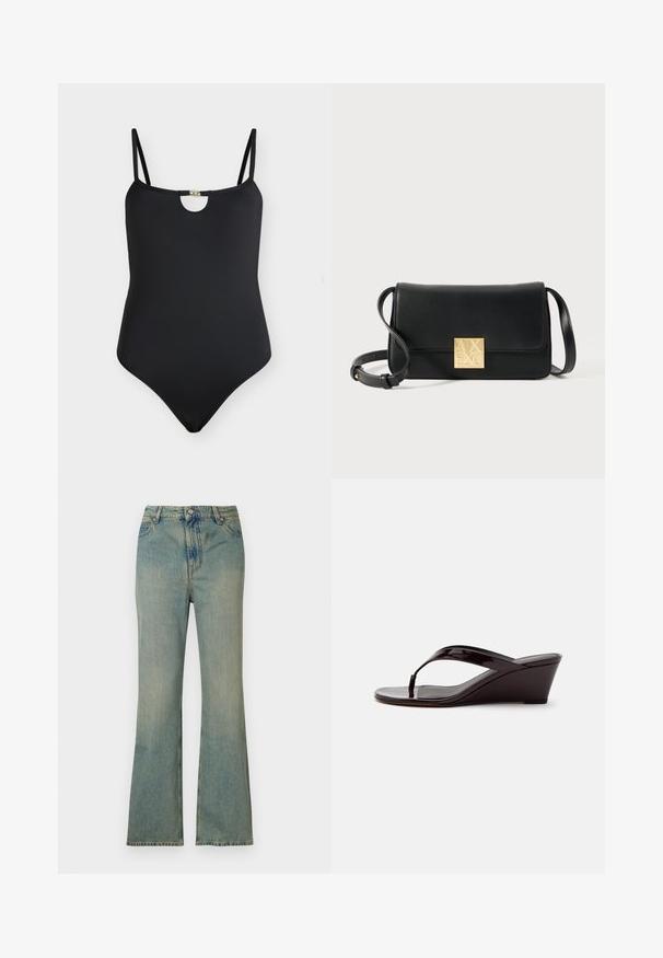 Sort ærmeløs badedragt med tynde skulderstropper og lille gylden dekorativ spænde foran ved halsudskæringen.; Lysblå denim flare jeans med høj talje, fem lommer og lynlås. Ren, falmet finish med subtile syninger.; Brun patentlæder kile-sandal med tåremme og åben tå, vist i sideprofil på en ensfarvet baggrund.; Sort rektangulær crossover-taske lavet af tekstureret læder, med en guldfarvet firkantet logo-lås og en justerbar rem.