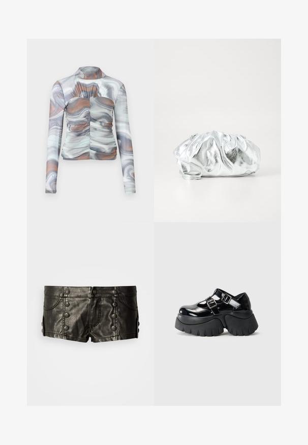 Top de manga larga, ajustado, con un patrón veteado en tonos de gris, blanco y marrón. Presenta un cuello alto y detalles fruncidos en la parte delantera.; Pantalones cortos de cuero negro de tiro bajo con botones metálicos decorativos en el frente y los lados, con bolsillos delanteros y detalles de costura.; Zapatos de plataforma de charol negro con dos hebillas ajustables, suela de goma gruesa y diseño recortado en la superficie superior.; Bolso de mano plateado metálico con un cuerpo suave y fruncido y una correa de hombro delgada. Presenta una textura suave y brillante y una forma redondeada.