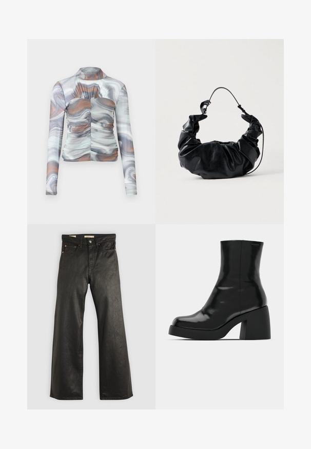 Top de manga larga, ajustado, con un patrón veteado en tonos de gris, blanco y marrón. Presenta un cuello alto y detalles fruncidos en la parte delantera.; Pantalones de mezclilla anchos negros con una textura suave, que presentan cinco bolsillos y detalles en metal color cobre. Cierre clásico con botón.; Botas de tobillo negras con un acabado brillante, punta cuadrada y un tacón grueso en bloque. El diseño presenta una silueta sin costuras y un minimalismo en la marca.; Bolso de mano de cuero sintético negro con un diseño suave y recogido, y un asa flexible, que destaca por su textura lisa y un sutil brillo.