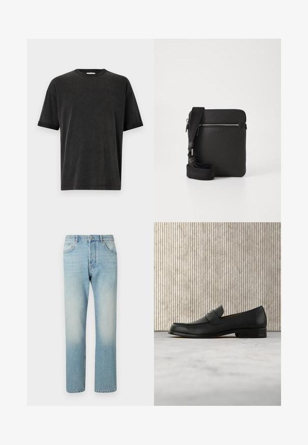 T-shirt noir à manches courtes avec un col ras du cou, coupe décontractée et manches retroussées. Fait en tissu de coton doux avec une légère texture.; Jeans bleu clair fabriqués en denim, présentant un design à jambe droite, une structure à cinq poches et un effet délavé au niveau des cuisses.; Mocassin en cuir noir flottant au-dessus d'un tapis beige avec une table ronde brune brillante en arrière-plan.; Sac à bandoulière en cuir noir avec une surface texturée, poche avant zippée et une sangle en tissu réglable. Design simple et carré.