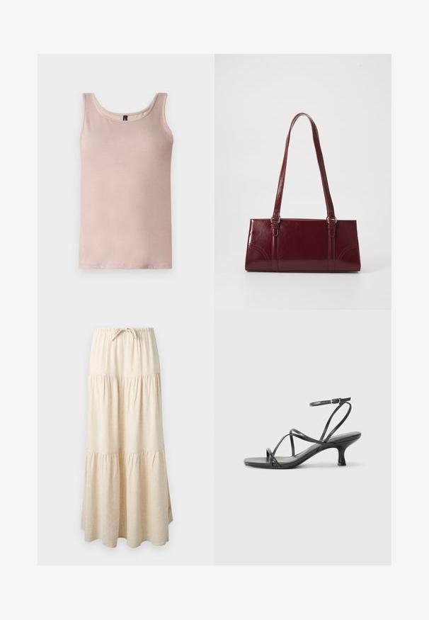 Lichtroze mouwloze tanktop met ronde hals, plat liggend weergegeven op een witte achtergrond.; Beige maxi-rok met laagjes, voorzien van een elastische tailleband en trekkoord, met een vloeiend, geplooid stoffen ontwerp.; Zwarte hoge hakken sandalen met dunne banden, open teen ontwerp en een kleine, uitlopende hak. Het materiaal lijkt glad en glanzend.; Bourgondische handtas van glanzend materiaal, rechthoekige vorm, met twee schouderbanden en subtiele gebogen accenten aan de voorkant.