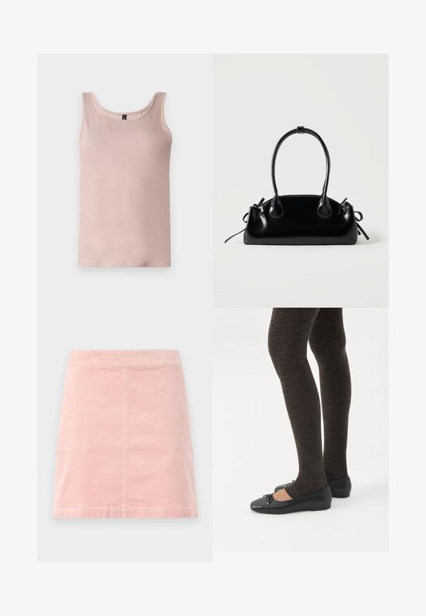 Lyserød ærmeløs tanktop med rund halsudskæring, vist fladt på en hvid baggrund.; Rosa corduroy mini nederdel med en tætsiddende talje og lodret ribbet tekstur. Den har en lige kant og har et simpelt design uden udsmykning.; Ben iført mørke ribbede leggings kombineret med sorte balletsko med små sløjfedetaljer på hvid baggrund.; Lille sort blank håndtaske med to lange håndtag og snøre-detaljer i siden på en ensfarvet lys baggrund.