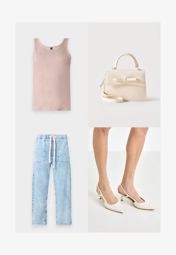 Débardeur rose clair sans manches avec encolure dégagée, présenté à plat sur un fond blanc.; GAP Petite EASY VAN NESS - Jean baggy - light indigo; Escarpins à talon slingback en cuir verni beige avec un bout pointu et un talon de 5 cm, présentant des côtés découpés et une fine bride à la cheville.; Petit sac à main beige avec poignée supérieure, bandoulière amovible, rabat avant et nœud horizontal décoratif sur un fond uni.