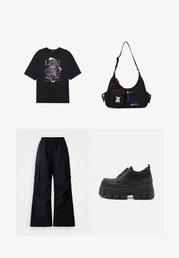 Camiseta negra con un gráfico colorido de un dragón, flores de cerezo, sol y montaña. El texto dice "Tokio Japón" debajo del diseño.; Pantalones cargo negros de pierna ancha, con cinturilla elástica, cordón ajustable y dos bolsillos laterales. Hechos de un tejido suave y ligero.; Zapatillas de plataforma negras con parte superior de cuero suave, cierre de cordones, suela de goma gruesa y un detalle de marca en el costado.; Bolso de hombro negro de nylon con forma curvada, correa ajustable, bolsillo frontal con cierre, acento azul y detalle de logo.