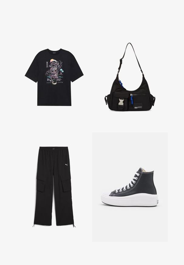 Camiseta negra con un gráfico colorido de un dragón, flores de cerezo, sol y montaña. El texto dice "Tokio Japón" debajo del diseño.; Pantalones cargo negros con un diseño de pierna ancha, cintura elástica, dos bolsillos laterales y dobladillos con cordón. Presenta un pequeño logo blanco.; Zapatilla alta negra con cordones blancos y suela de goma. Presenta una textura de cuero suave y detalles de costura blanca.; Bolso de hombro negro de nylon con forma curvada, correa ajustable, bolsillo frontal con cierre, acento azul y detalle de logo.