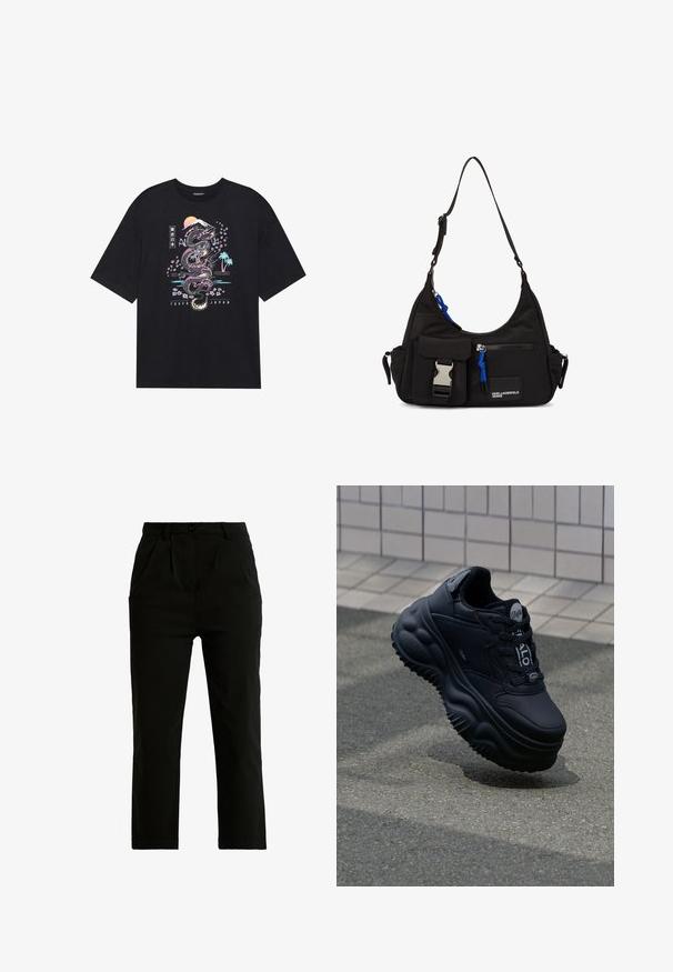 Camiseta negra con un gráfico colorido de un dragón, flores de cerezo, sol y montaña. El texto dice "Tokio Japón" debajo del diseño.; Pantalones negros de algodón mezclado, con un diseño de corte recto, dos bolsillos frontales, un cierre de un solo botón y detalles de costura visibles.; Zapatillas negras contundentes con parte superior de cuero suave, suela elevada con patrones en forma de ola y cordones para un ajuste seguro. Branding en la lengüeta.; Bolso de hombro negro de nylon con forma curvada, correa ajustable, bolsillo frontal con cierre, acento azul y detalle de logo.