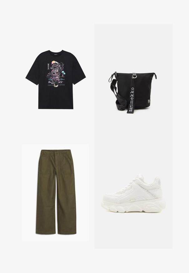 Camiseta negra con un gráfico colorido de un dragón, flores de cerezo, sol y montaña. El texto dice "Tokio Japón" debajo del diseño.; Pantalones de pierna ancha de color verde oliva con bolsillos delanteros tipo parche, cierre de botón y trabillas para cinturón, presentados en plano sobre un fondo blanco.; Zapatilla deportiva blanca gruesa con suela gruesa, diseño con cordones y marca "Buffalo" en el lateral y el talón.; Bolso de hombro de nylon negro con cierre de cremallera, correa texturizada con un patrón y etiqueta de logo en la parte frontal. Incluye una correa ajustable.