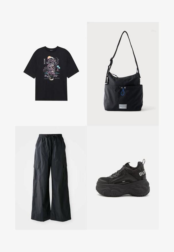 Camiseta negra con un gráfico colorido de un dragón, flores de cerezo, sol y montaña. El texto dice "Tokio Japón" debajo del diseño.; Pantalones cargo negros hechos de una tela ligera, con un diseño de pierna ancha, cinturilla elástica y múltiples bolsillos laterales. Sencillos y funcionales.; Zapatillas deportivas gruesas de color negro con parte superior de malla y cuero, suela de goma gruesa y una marcada marca en el costado. Incluyen cordones y una lengüeta.; Bolso de tela negra para hombro con correa ajustable, bolsillo delantero con cordón azul y pequeña etiqueta rectangular con el logo en la base.