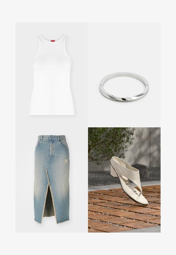 Valge varrukateta soonikkoes tanktop, kõrge ümara kaelusega ja kehakujuline, kujutatud lihtsal heledal taustal.; Denim seelik, helesinine, keskmise pikkusega, värvitud äärtega. Esiosal on lõhe ja kulunud detailid vöökoha ning äärte lähedal.; Valge nahast kontsakingad laiade rihmade ja varbaeraldisega, eksponeeritud õues puidu ja kruusa plaatidega pinnal, taustal roheline taimestik.; Hõbedane metallist käevõru, millel on sile, läikiv pind ja lapikud servad. Omab avatud ringikujulist disaini koos peene klambri detailiga.