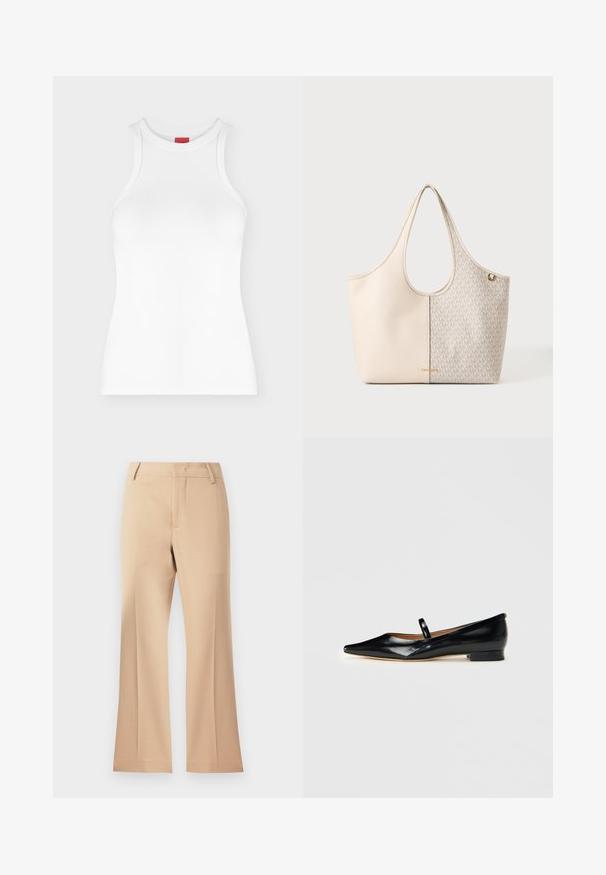 Hvid ærmeløs ribbet tanktop med høj rund hals og tætsiddende pasform vist på en ensartet lys baggrund.; Beige brede bukser med en glat tekstur, der har en mid-rise talje og rene frontfolder. Simpel design, ingen synlige udsmykninger.; Sorte patenterede læder Mary Jane flade sko med spids tå, én rem og lav hæl på ensfarvet baggrund.; Beige og lysegrå tote-taske med tofarvet design, fremstillet af tekstureret læder og med et gentaget "MK" logo-mønster på den ene side.