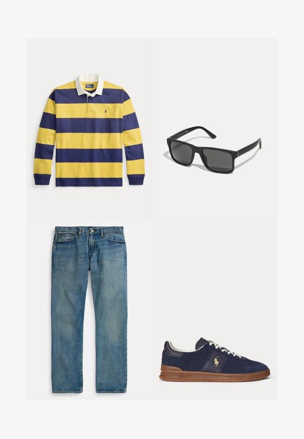 Rugbyshirt met lange mouwen, brede gele en marineblauwe horizontale strepen, witte kraag en klein geborduurd logo op de borst.; Lichtblauwe denim jeans met een rechte pijpvorm, voorzien van vijf zakken, een knoopsluiting en subtiele vervaging voor textuur.; Marineblauwe lage sneaker met witte veters, bruine zool en Polo-spelerlogo aan de zijkant, gezien van links.; Zwarte rechthoekige zonnebril met donkere lenzen en matte afwerking. Voorzien van het ingekruide "POLO"-logo op de armen en een robuust frameontwerp.