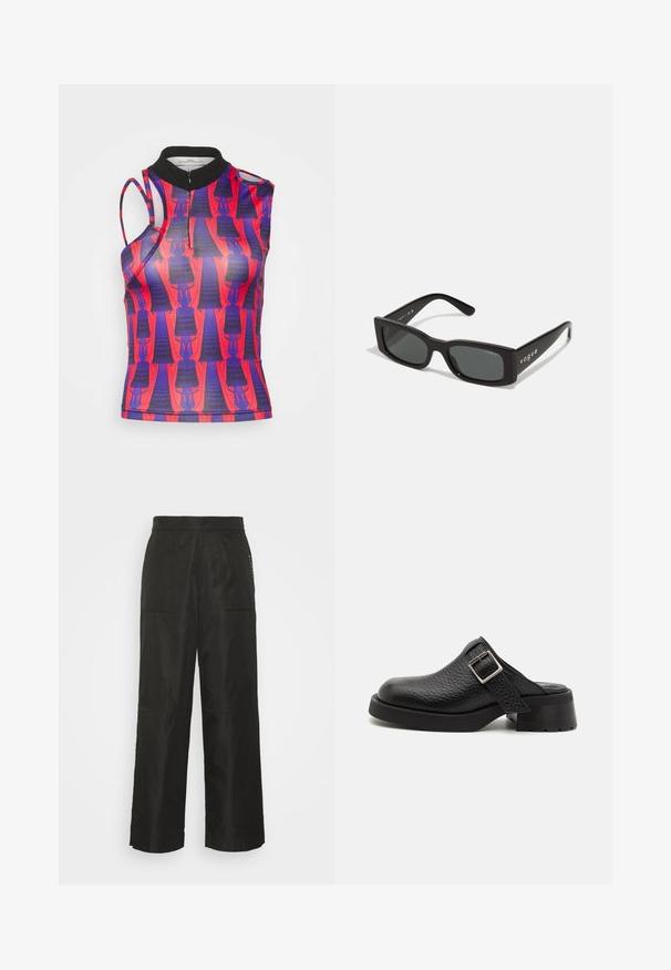 Alexandra Moura RESCUE - Débardeur - red/blue; BLANCHE ELAYNE PANTS - Pantalon classique - black; Sabots en cuir noir avec une finition texturée, bride à boucle réglable et un talon épais. Design de la pointe lisse et arrondie avec une semelle noire solide.; Lunettes de soleil rectangulaires noires avec des verres sombres. Elles possèdent une monture en plastique lisse et une marque "vogue" sur les branches.