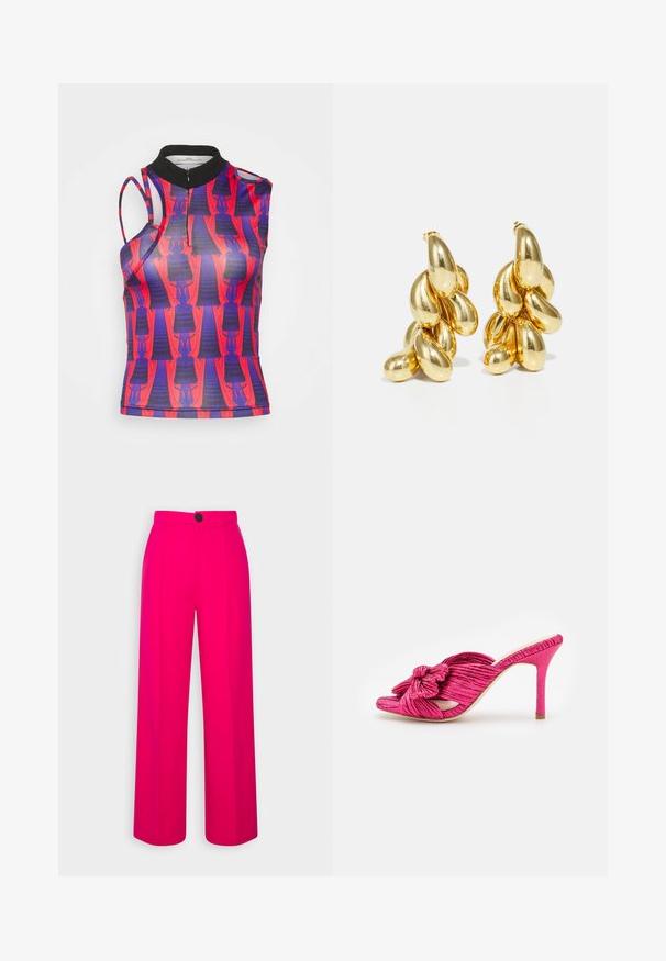 Alexandra Moura RESCUE - Top - red/blue; Fuchsia brede bukser med høj talje, frontfald og en enkelt sort knaplukning. Glat tekstur og skræddersyet design.; Loeffler Randall CLAUDIA - Mules med hæl - fuchsia; HUGO KREIT PISTIL CHAIN - Øreringe - gold-coloured
