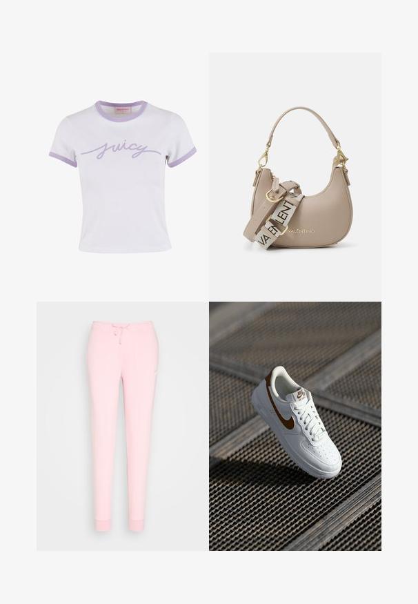 Hvid bomulds T-shirt med korte ærmer og halsudskæring med lilla kant. Har et kursiv "juicy" logo i lilla tværs over brystet.; Lyserøde sweatpants med snoreliv, indsnævrede ben og et broderet logo på låret. Blød, glat stofstruktur.; Hvid læder sneaker med perforeringer, brun Nike swoosh og snørebånd. Har en tekstureret sål og polstret krave.; Beige læder håndtaske med et buet design, der har et guldfarvet logo og en justerbar rem med et gentagende brandnavn.