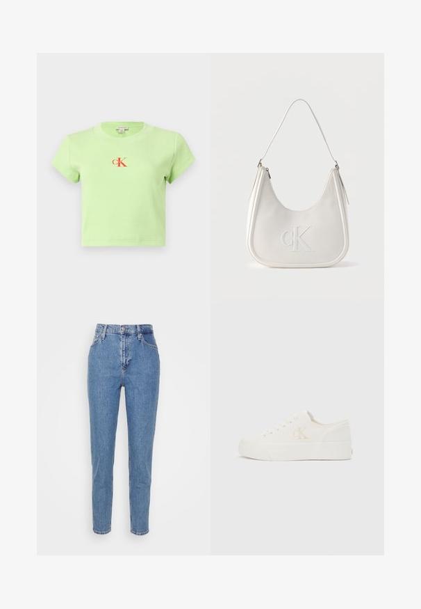 Lys grøn, ribbet bomulds t-shirt med rund halsudskæring og korte ærmer. Har et centralt rødt "CK" logo design.; Blå højtaljede lige jeans med frontknap og lynlås, bæltestropper og lommer, præsenteret på en ensfarvet hvid baggrund.; Hvid lavt snøresko med tyk sål og "cK"-logo på siden, snørebånd foran og minimalistisk design på neutral baggrund.; Hvid skuldertaske i læder med lynlås, buet form og forhøjet CK-logo prægget på forsiden.