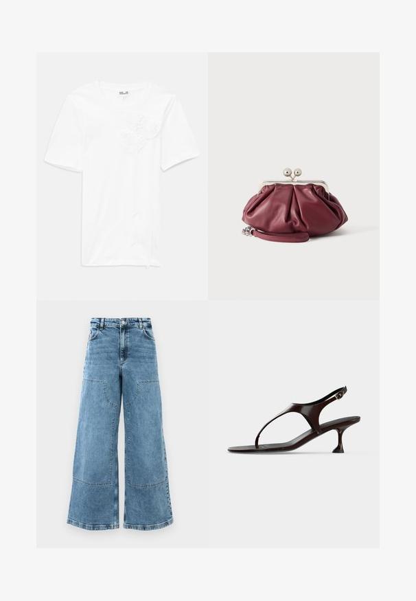 T-shirt blanc à manches courtes en coton avec trois appliqués floraux texturés sur le devant, doté d'un col rond et d'une coupe décontractée.; Jean en denim bleu clair à jambes larges avec une taille haute, de grandes poches avant et des coutures visibles. Dispose d'un design classique à cinq poches.; Sandale slingback en cuir verni marron foncé avec petit talon et bride entre les orteils sur fond blanc.; Petite pochette en cuir bordeaux avec fermoir en métal argenté et bracelet pour poignet sur fond blanc.