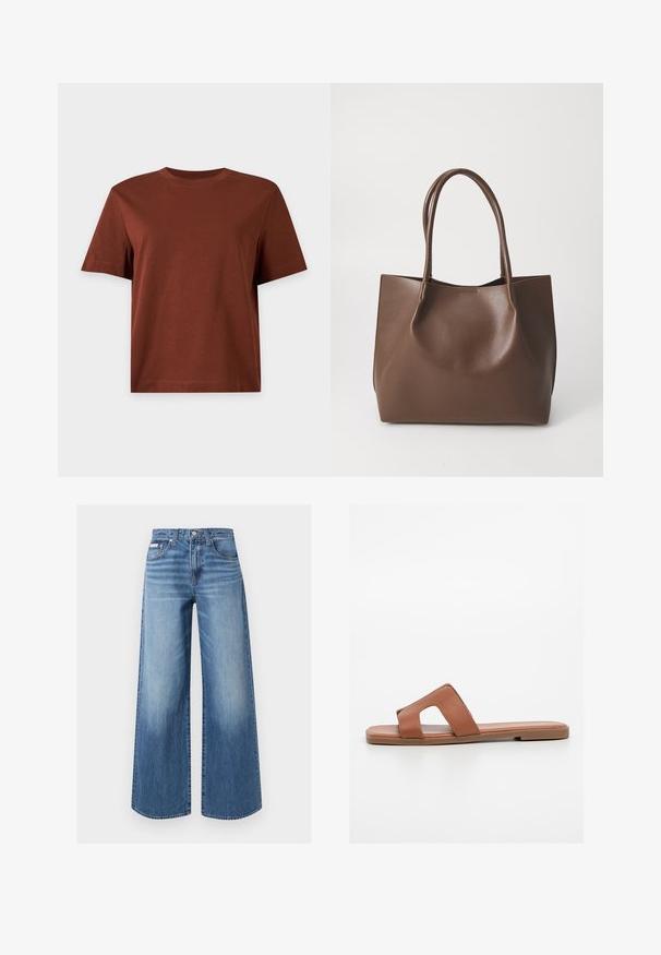 T-shirt marron uni en coton à manches courtes avec un col rond, présenté sur un fond gris clair.; Jean en denim bleu à jambes larges avec bouton et fermeture éclair sur le devant, style cinq poches et détails légèrement délavés sur les cuisses et les genoux.; Sandale à glissière en cuir marron avec un design à orteils ouverts, une large bride avec un détail découpé, une semelle plate et une texture lisse.; Sac en cuir marron avec deux longues poignées, forme structurée, texture lisse et design minimaliste. Aucun matériel ni accent visible.