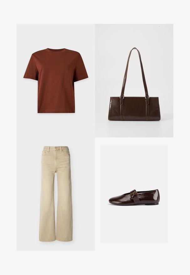 T-shirt marron uni en coton à manches courtes avec un col rond, présenté sur un fond gris clair.; Jean beige taille haute, jambe large, avec bouton et fermeture éclair à l'avant, poches avant et arrière, et passants pour ceinture sur fond blanc.; Chaussure plate en cuir verni marron foncé avec une large bride à boucle dorée et un bout arrondi, présentée de profil sur fond blanc.; Sac à main en cuir verni marron de forme rectangulaire, avec deux longues poignées et des accents courbés subtils à l'avant.