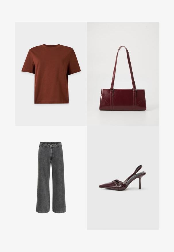 Jednoduché hnedé bavlnené tričko s krátkym rukávom a okrúhlym výstrihom, zobrazené na svetlosivom pozadí.; Široké nohavice z vybledlého čierneho denim, s klasickým zapínaním na gombíky, piatimi vreckami a jemne textúrovaným povrchom.; Bordové lodičky zo lesklej koženky so špičatou špičkou, tenkým remienkom na členku a malou dekoratívnou prackou. Hladká textúra a vysoký opätok.; Bordová kabelka vyrobená z lesklého materiálu, obdĺžnikový tvar, s dvoma ramennými popruhmi a jemnými zakrivenými akcentmi na prednej strane.